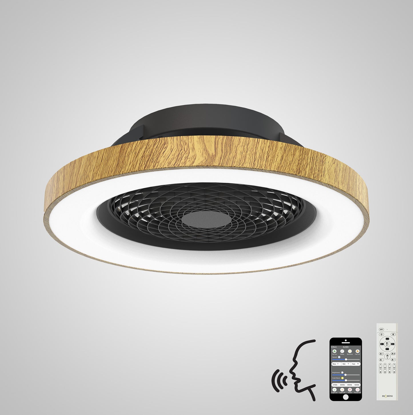 Tibet 70W LED Dimmable Ceiling Light With 35W DC Reversible Fan Remote, APP & Alexa/Google Voice, 3900lm, Wood Effect/Black, 5yrs Warranty by Mantra