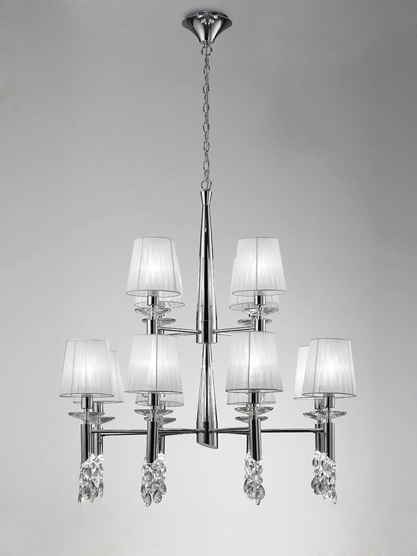 Tiffany Pendant 2 Tier 12+12 Light E14+G9, Polished Chrome With White Shades & Clear Crystal by Mantra
