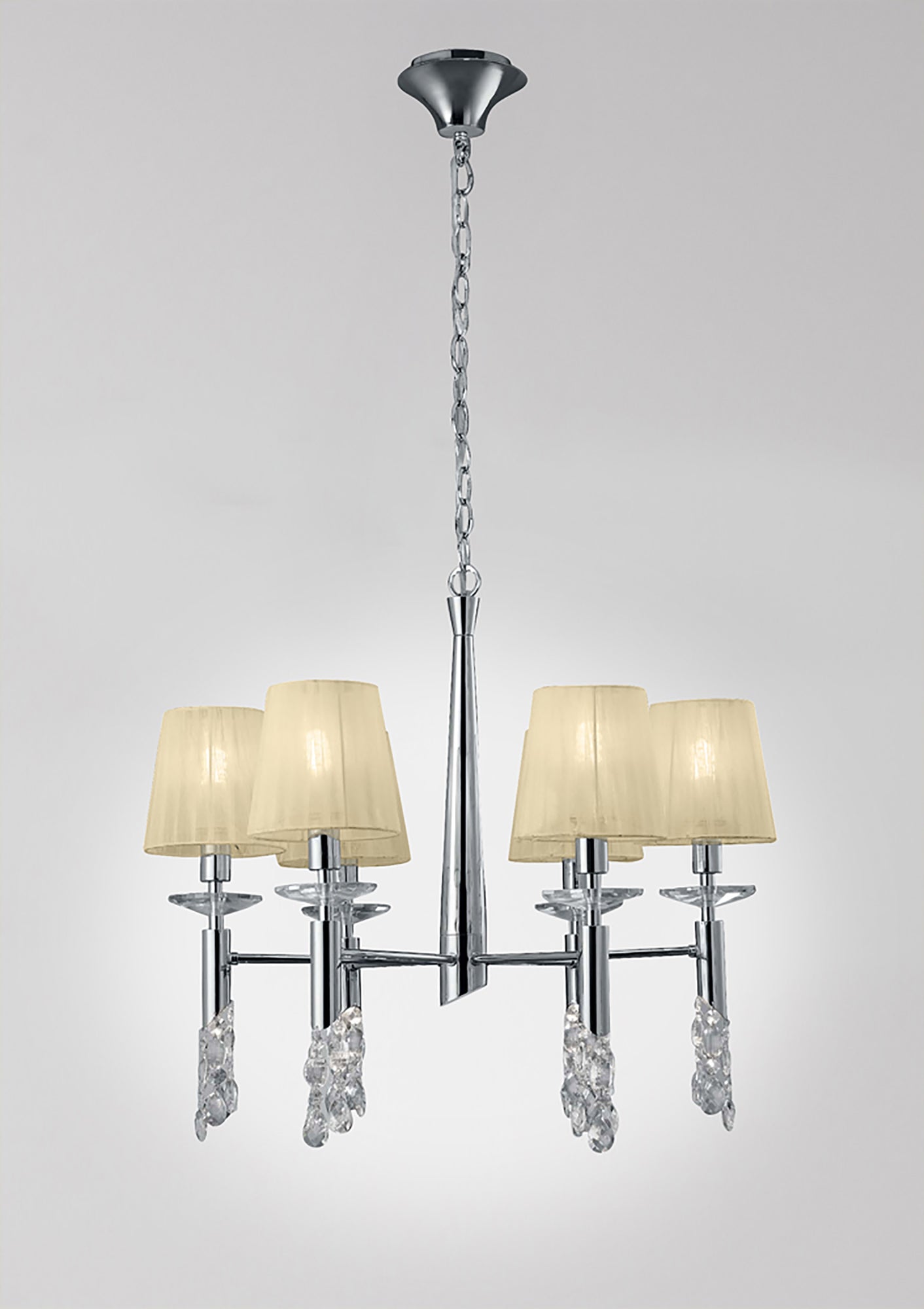 Tiffany Pendant 6+6 Light E14+G9, Polished Chrome With Cream Shades & Clear Crystal by Mantra