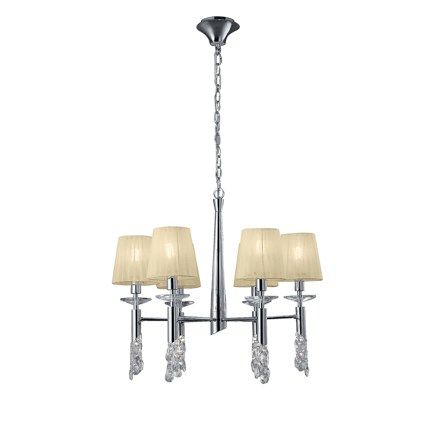 Tiffany Pendant 6+6 Light E14+G9, Polished Chrome With Cream Shades & Clear Crystal by Mantra