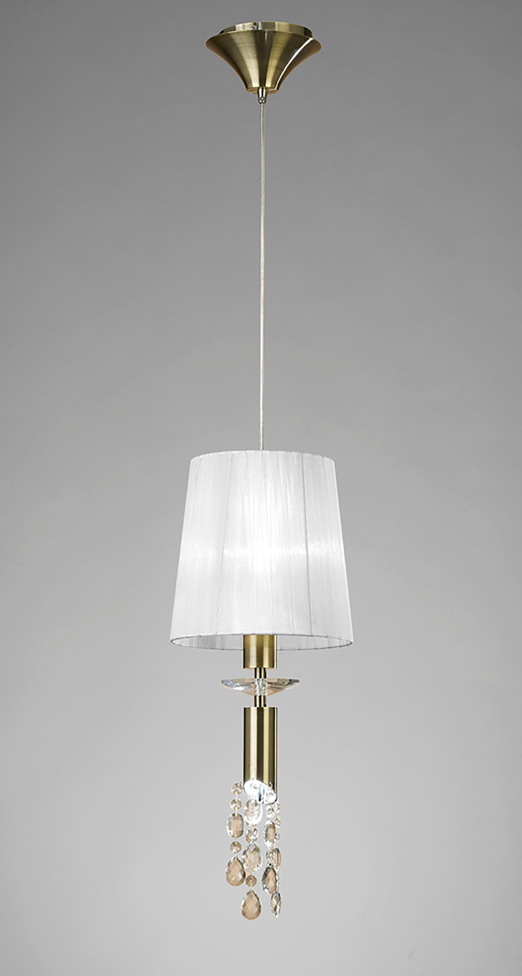 Tiffany Pendant 1+1 Light E27+G9, Antique Brass With White Shade & Clear Crystal by Mantra