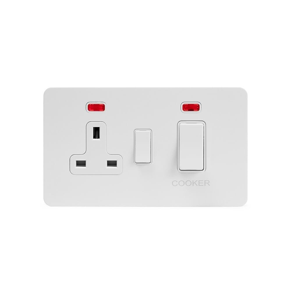 The Eldon Collection White Metal Flat Plate 45A Cooker Control Unit With Neon Wht Ins Screwless