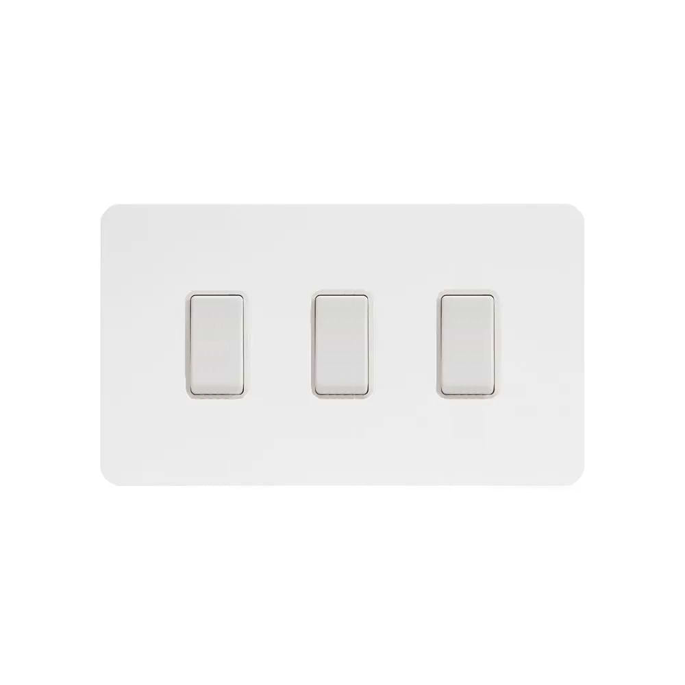 The Eldon Collection White Metal Flat Plate 10A 3 Gang Switch on Double Plate 2 Way Wht Ins 2 Way Screwless
