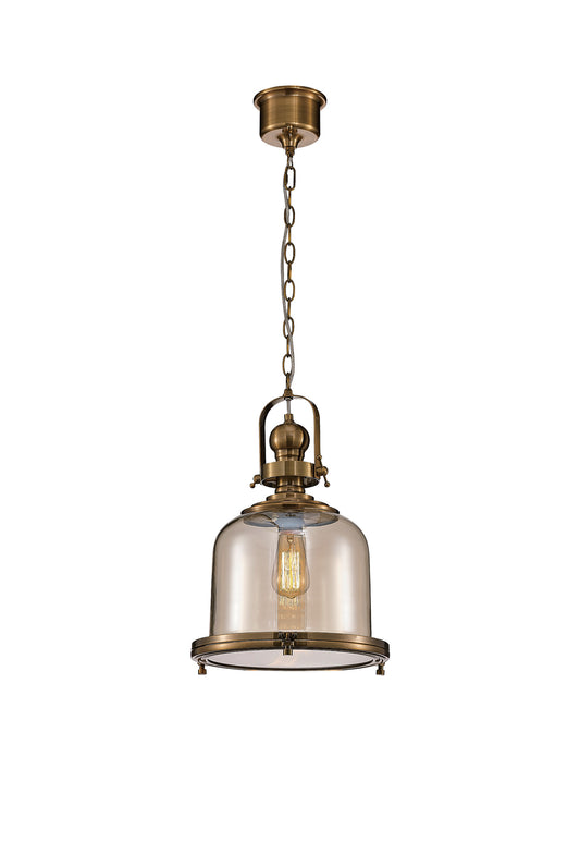 Vintage 33cm Bell Pendant, 1 Light E27, Antique Brass/Amber Glass by Mantra