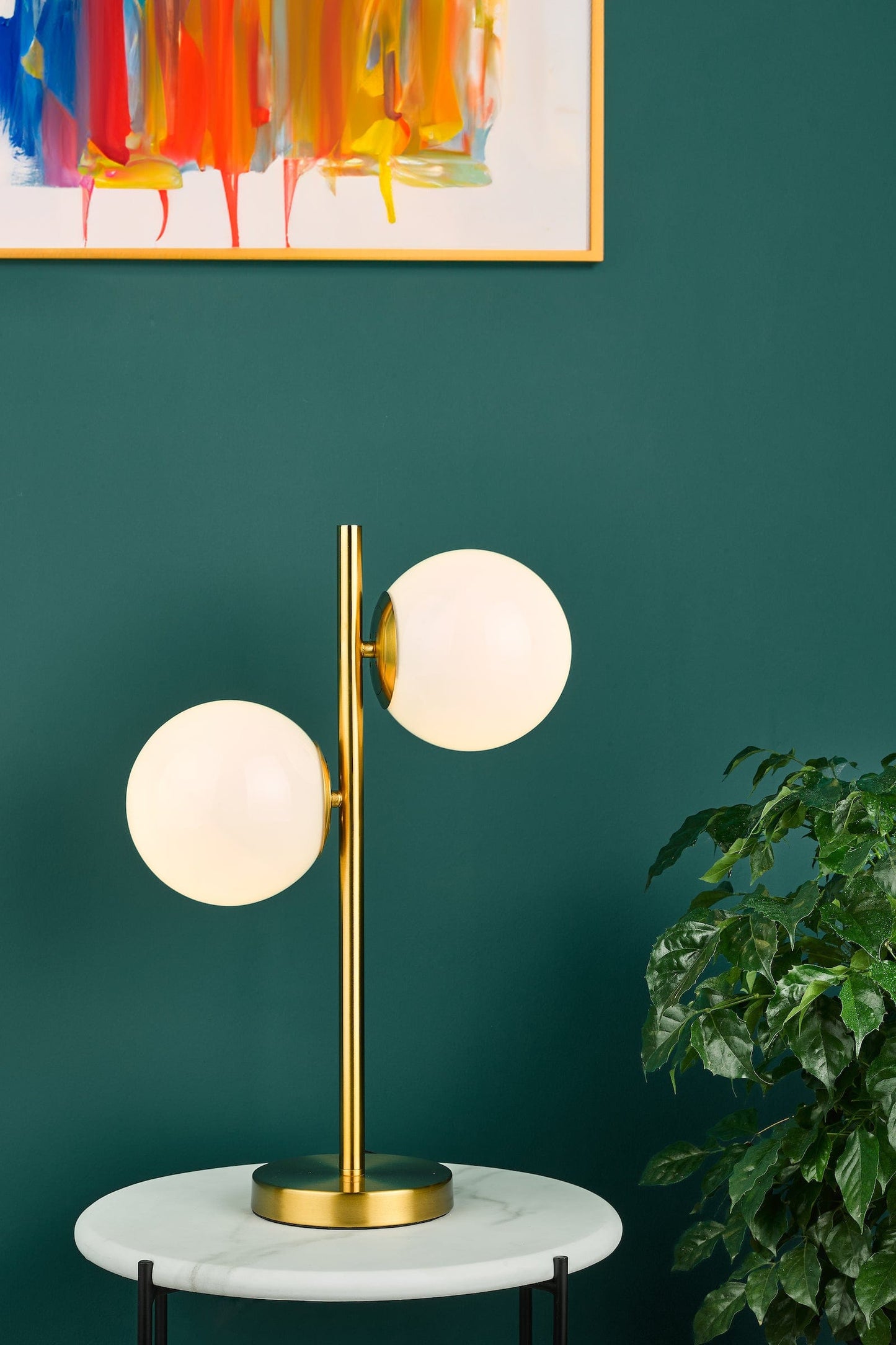 dar lighting Bombazine 2 Light Table Lamp Natural Brass Opal Glass BOM4235