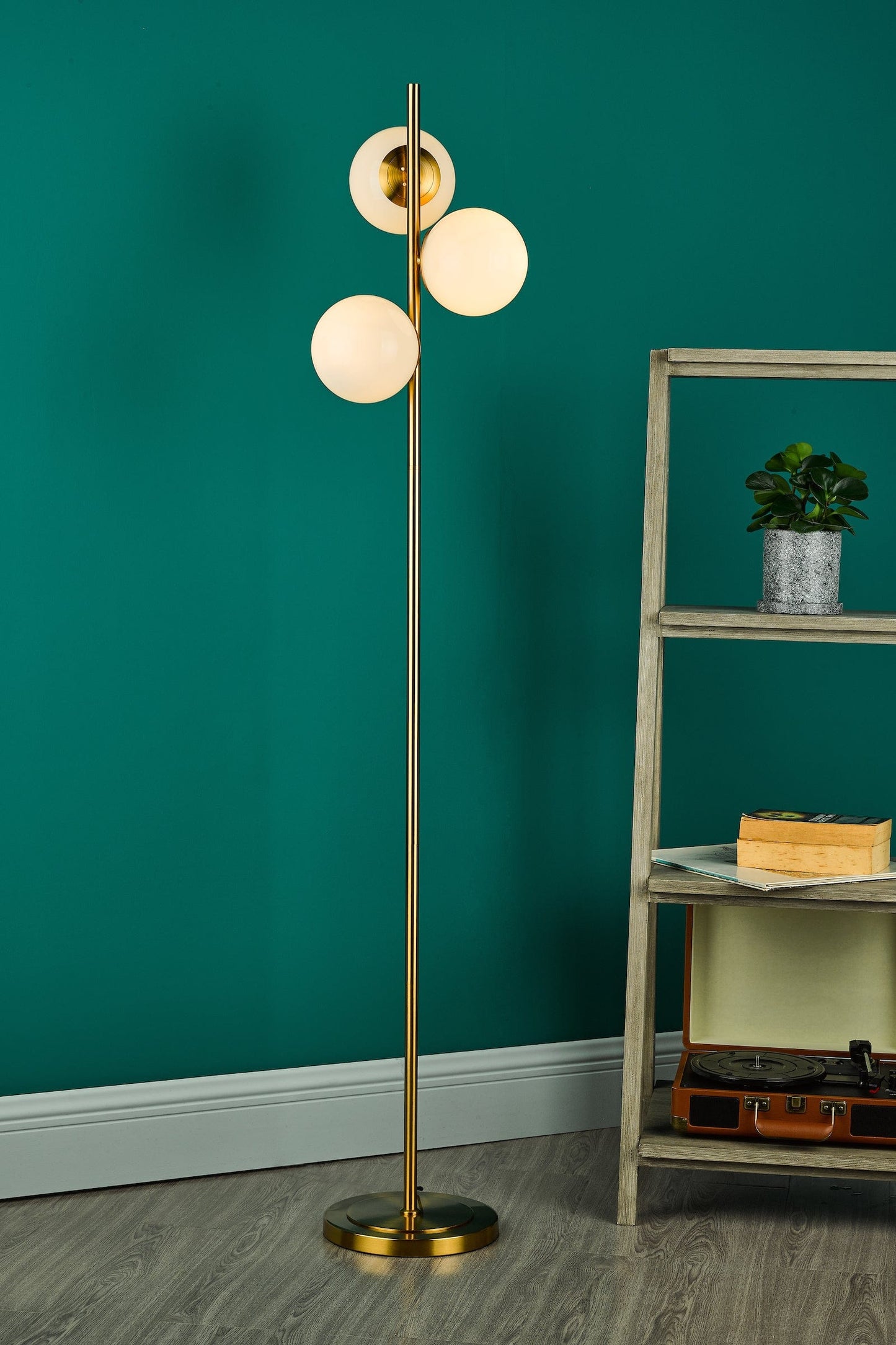 dar lighting Bombazine 3 Light Floor Lamp Natural Brass Opal Glass BOM4935