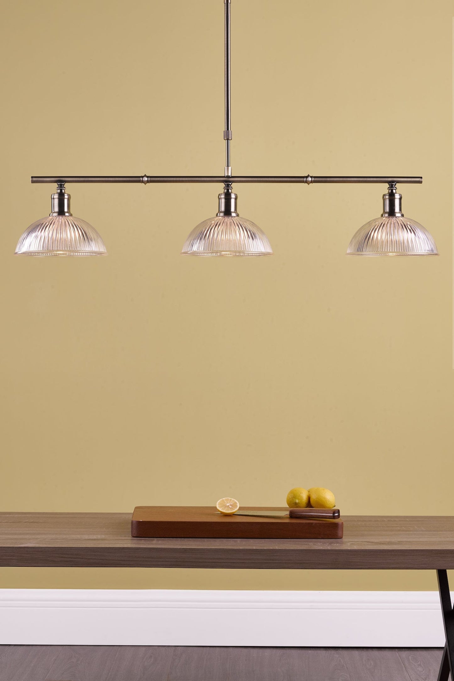 dar lighting Dara 3 Light Bar Pendant Antique Brass & Glass DAR0375