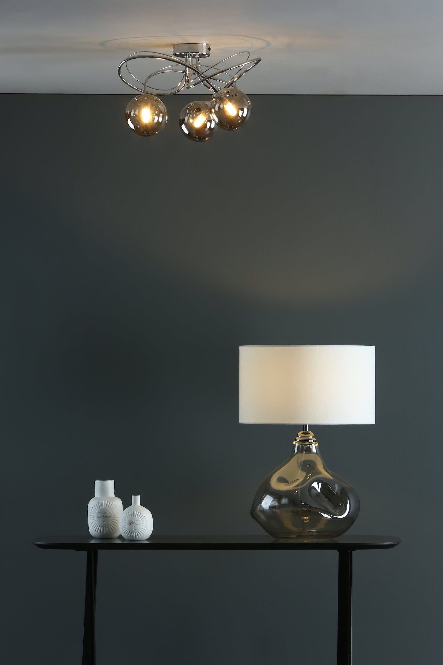 dar lighting Esarosa Table Lamp Smoked Glass with White Linen Shade ESA4210