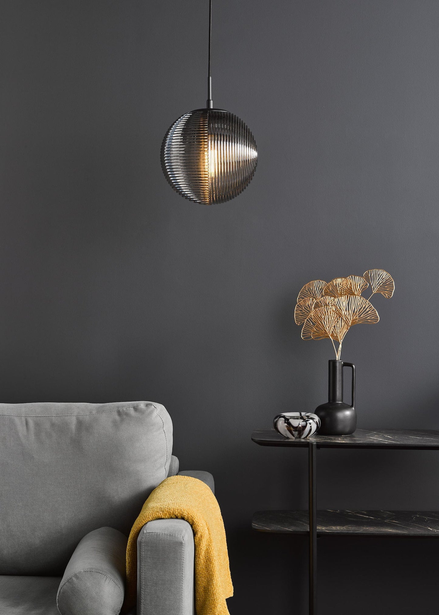 dar lighting Evander Single Pendant Matt Black and Smoked Glass EVA0122
