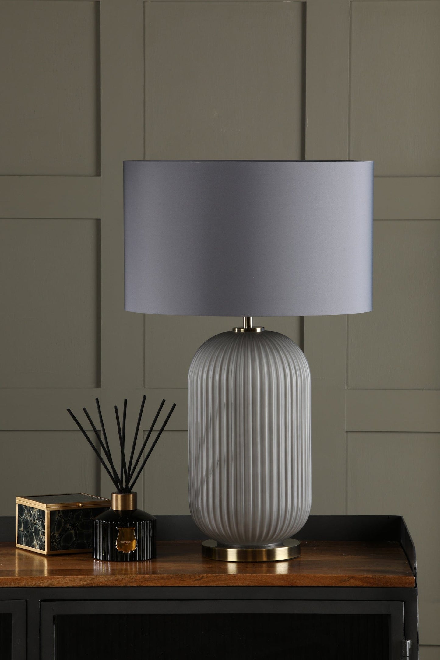 dar lighting Helicon Table Lamp Grey Ribbed Glass and Antique Brass With Shade HEL4239