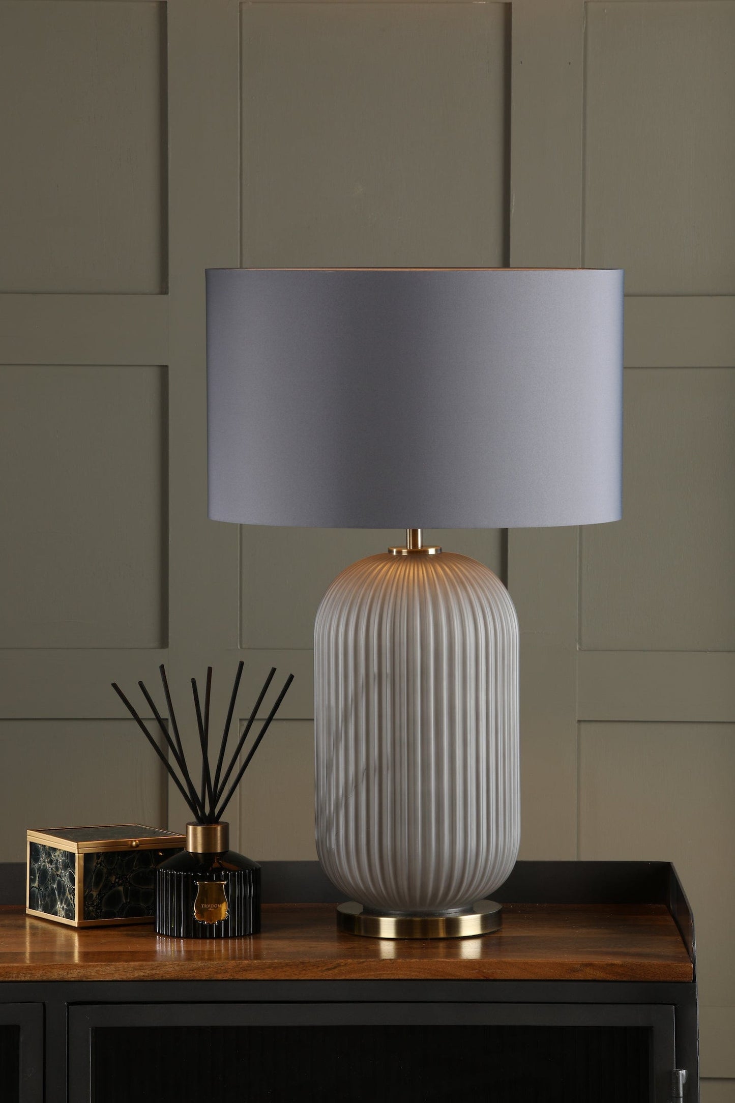 dar lighting Helicon Table Lamp Grey Ribbed Glass and Antique Brass With Shade HEL4239