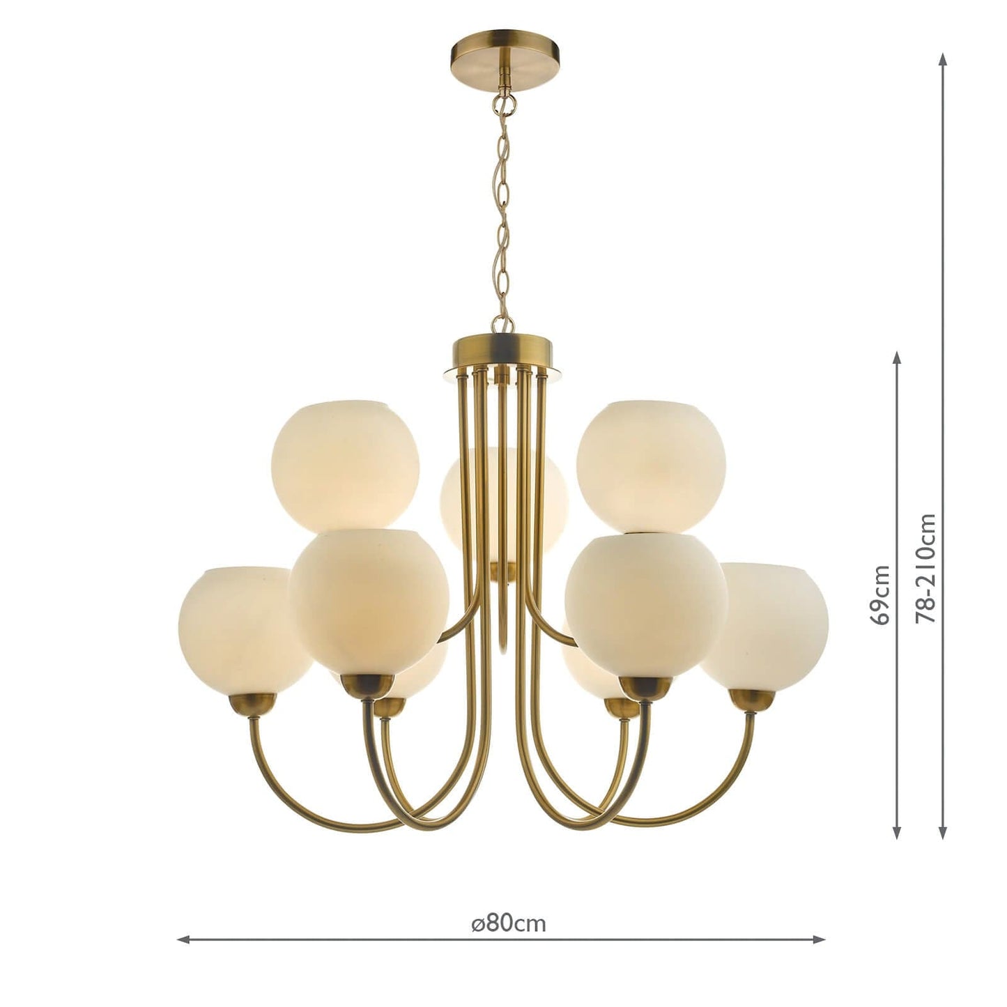 dar lighting Indra Opal Glass Globe 9 Light Pendant Natural Brass IND1335