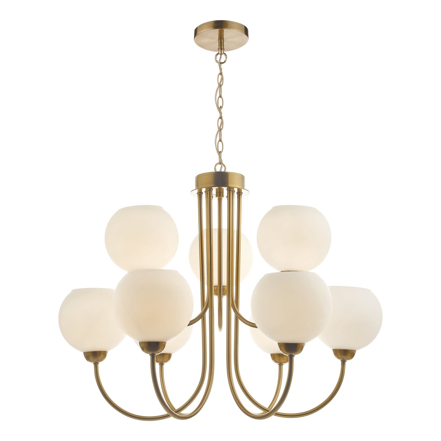 dar lighting Indra Opal Glass Globe 9 Light Pendant Natural Brass IND1335