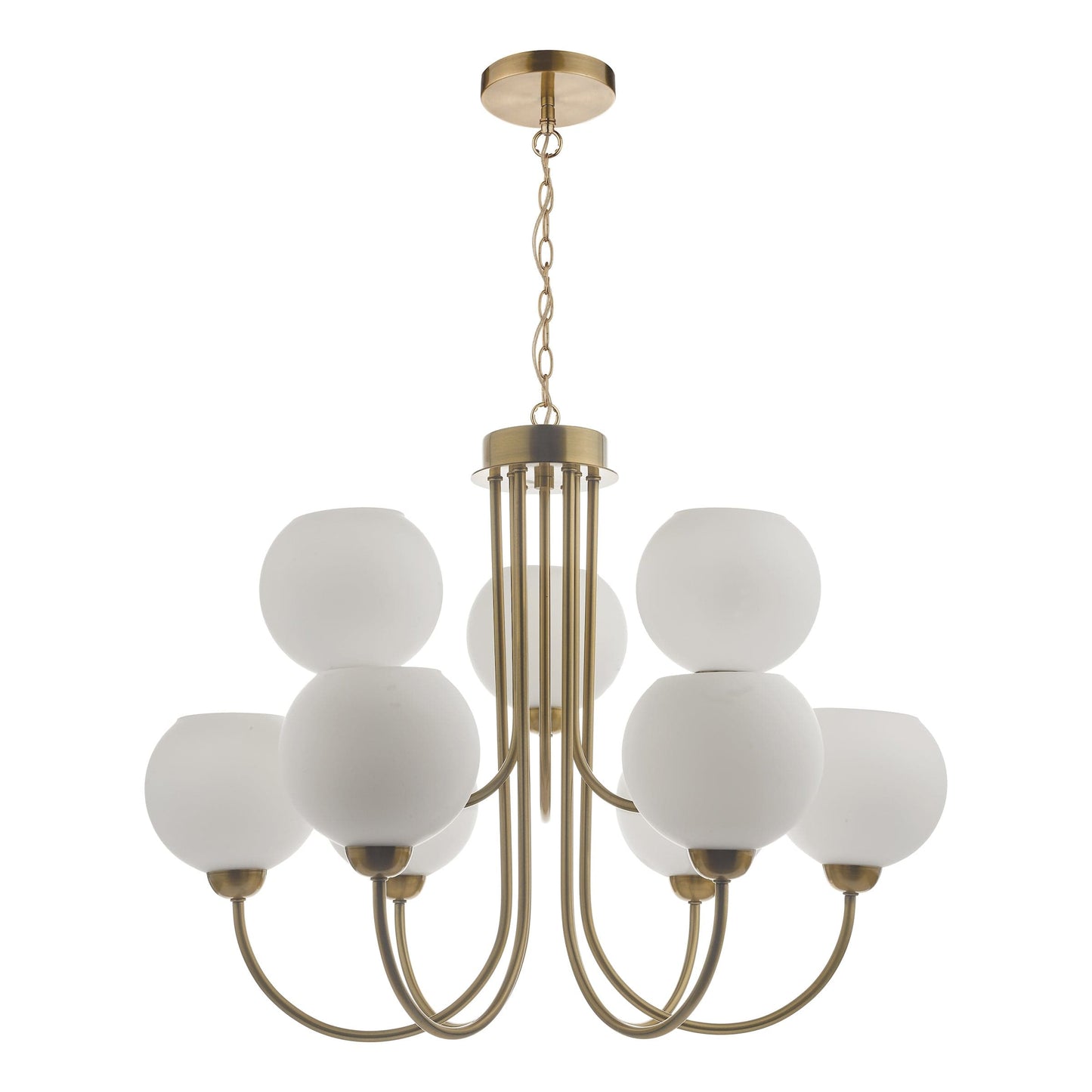dar lighting Indra Opal Glass Globe 9 Light Pendant Natural Brass IND1335