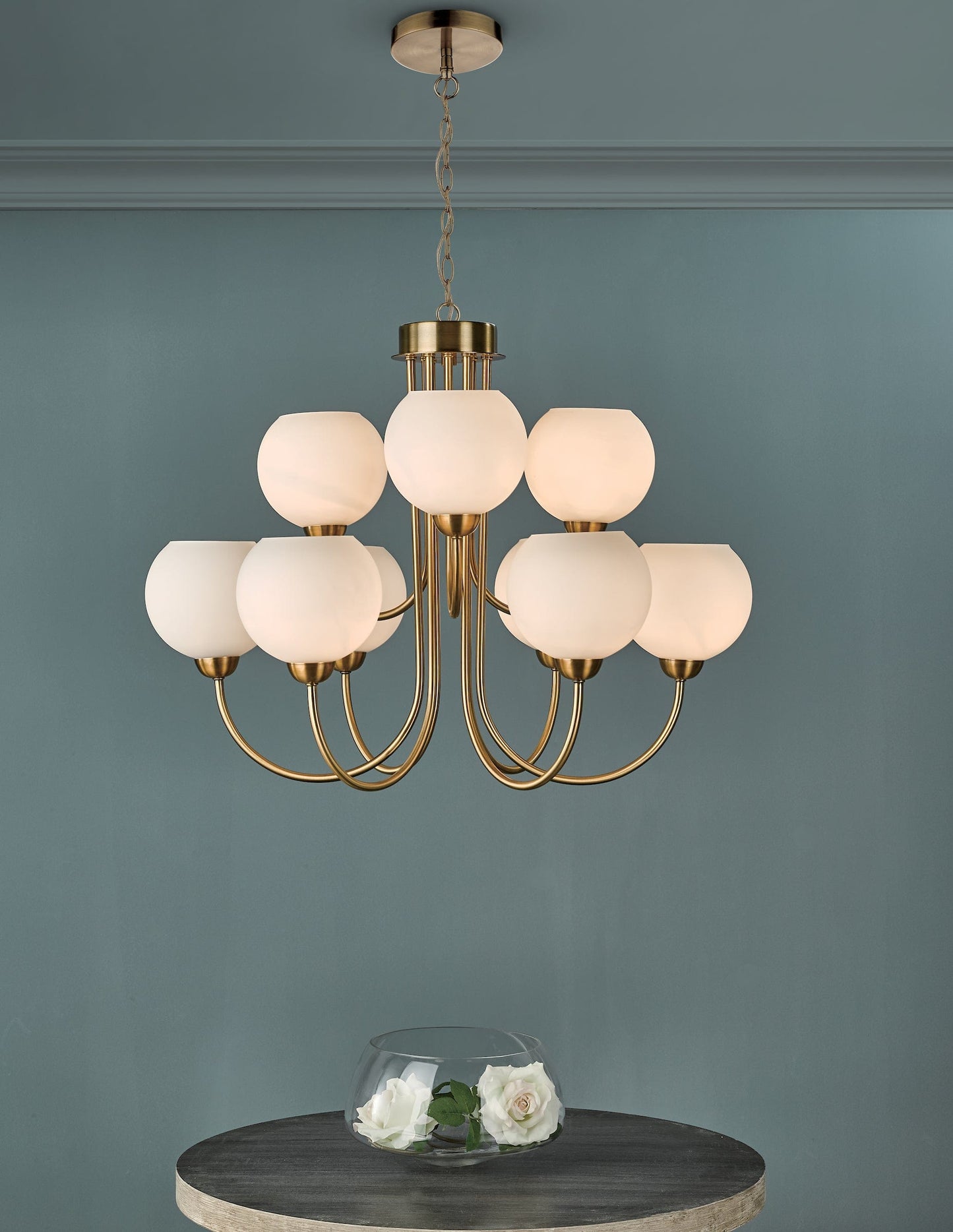 dar lighting Indra Opal Glass Globe 9 Light Pendant Natural Brass IND1335
