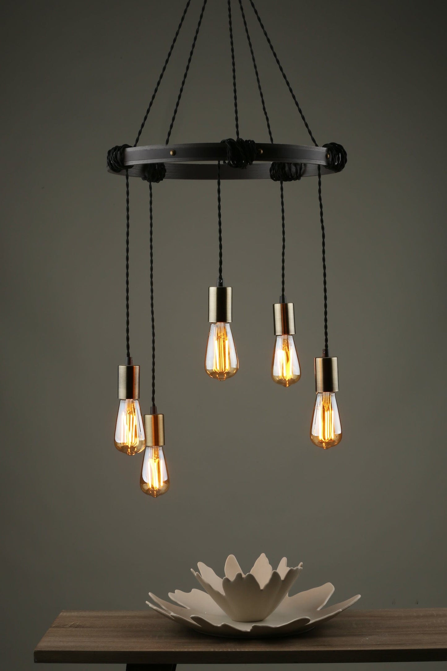dar lighting Ivan 5 Light Pendant Rustic Wood Aged Brass Detail IVA0531