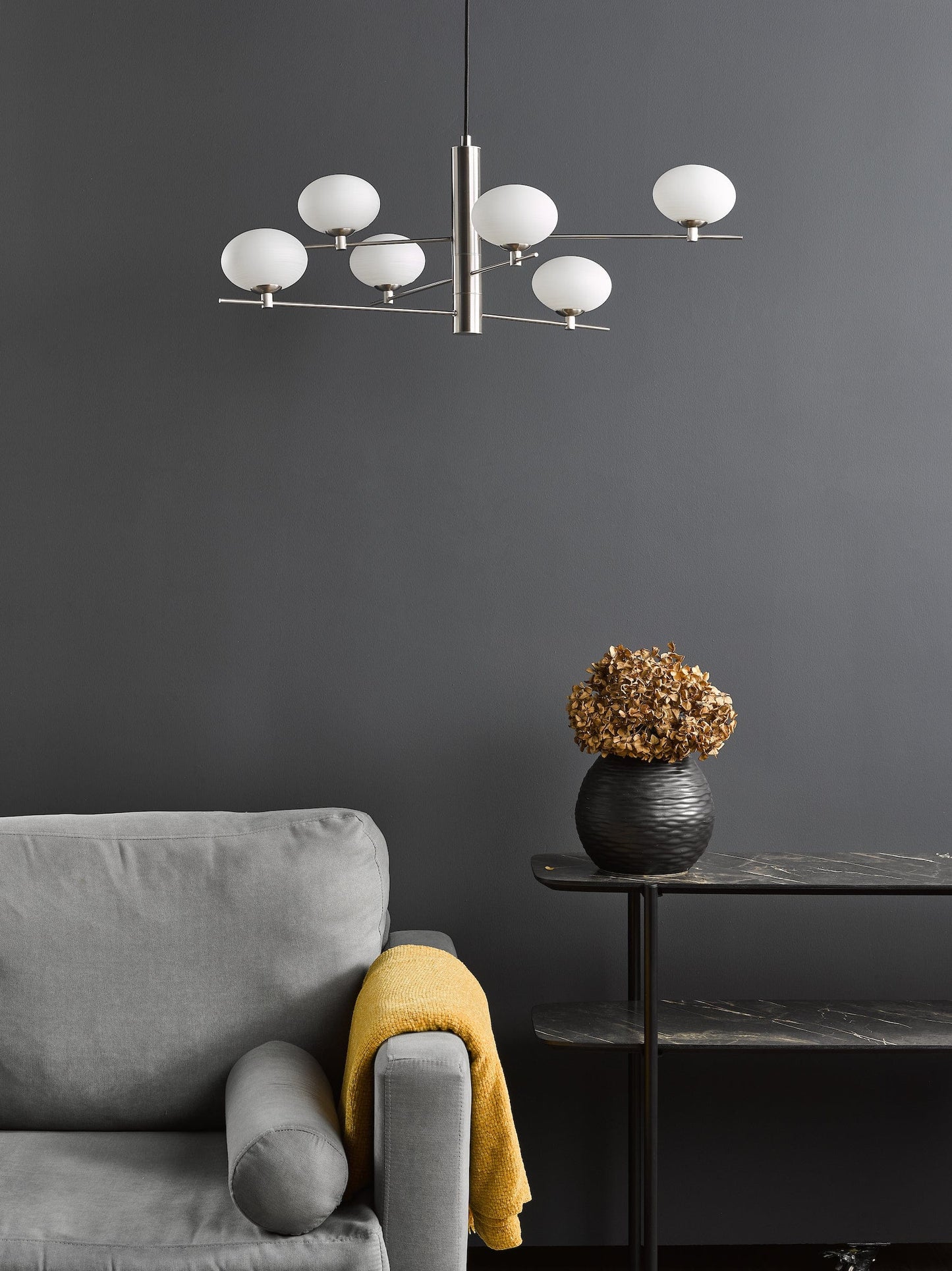 dar lighting Jasper 6 Light Pendant Satin Nickel and Opal Glass JAS0646