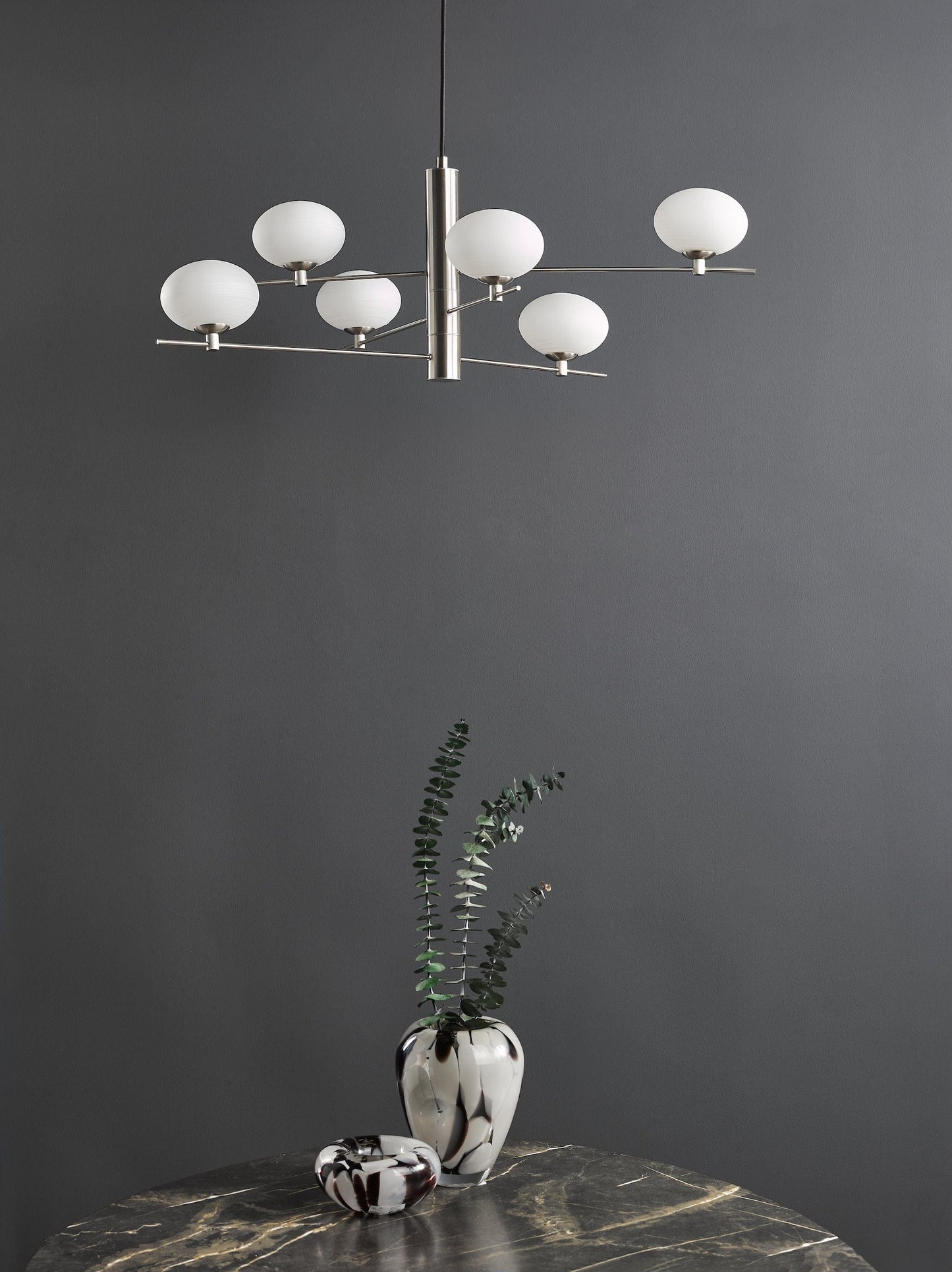 dar lighting Jasper 6 Light Pendant Satin Nickel and Opal Glass JAS0646