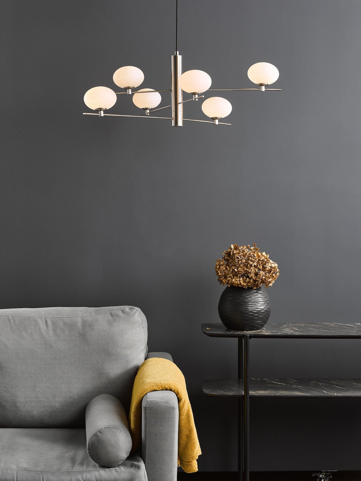 dar lighting Jasper 6 Light Pendant Satin Nickel and Opal Glass JAS0646