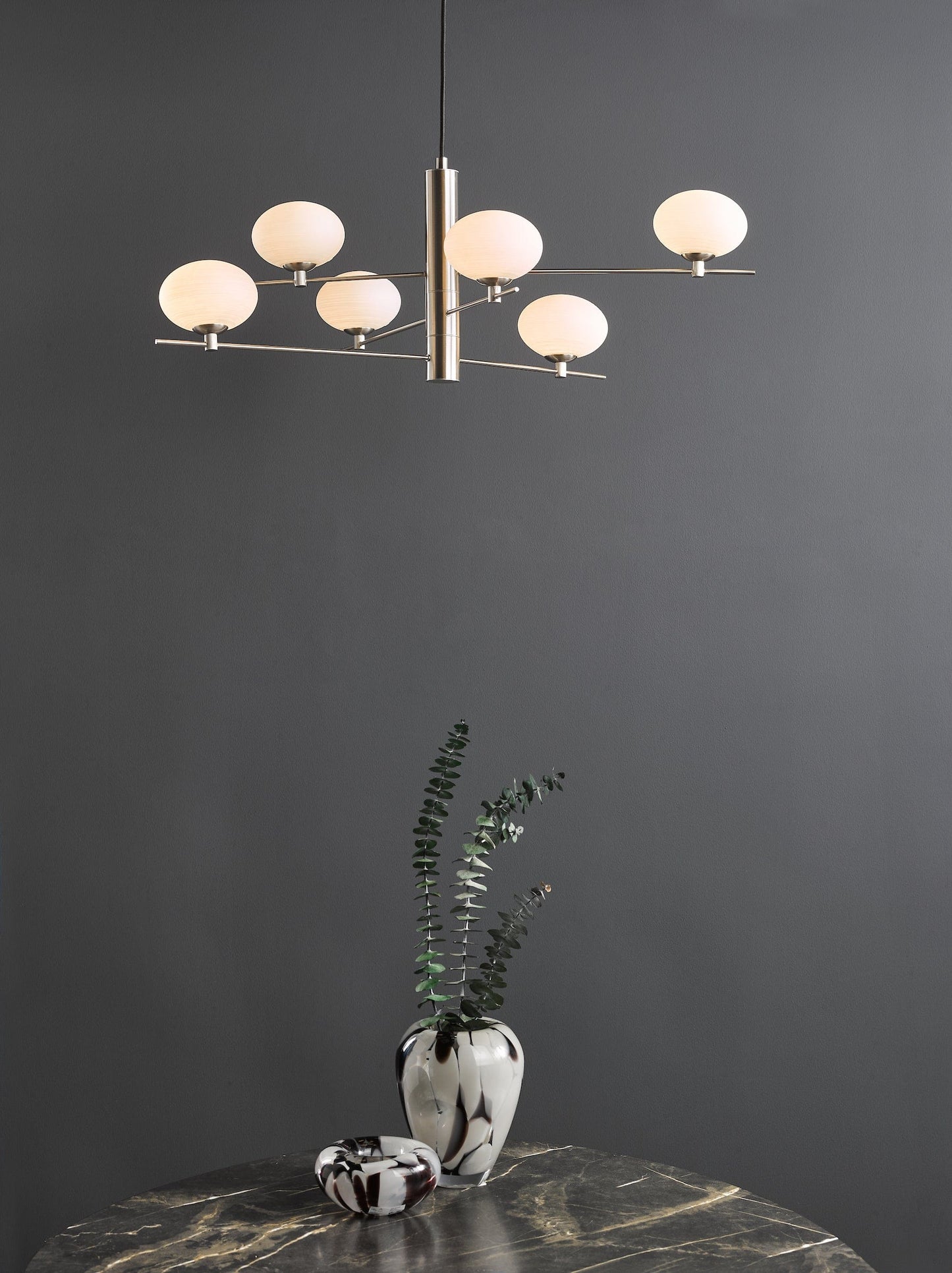 dar lighting Jasper 6 Light Pendant Satin Nickel and Opal Glass JAS0646