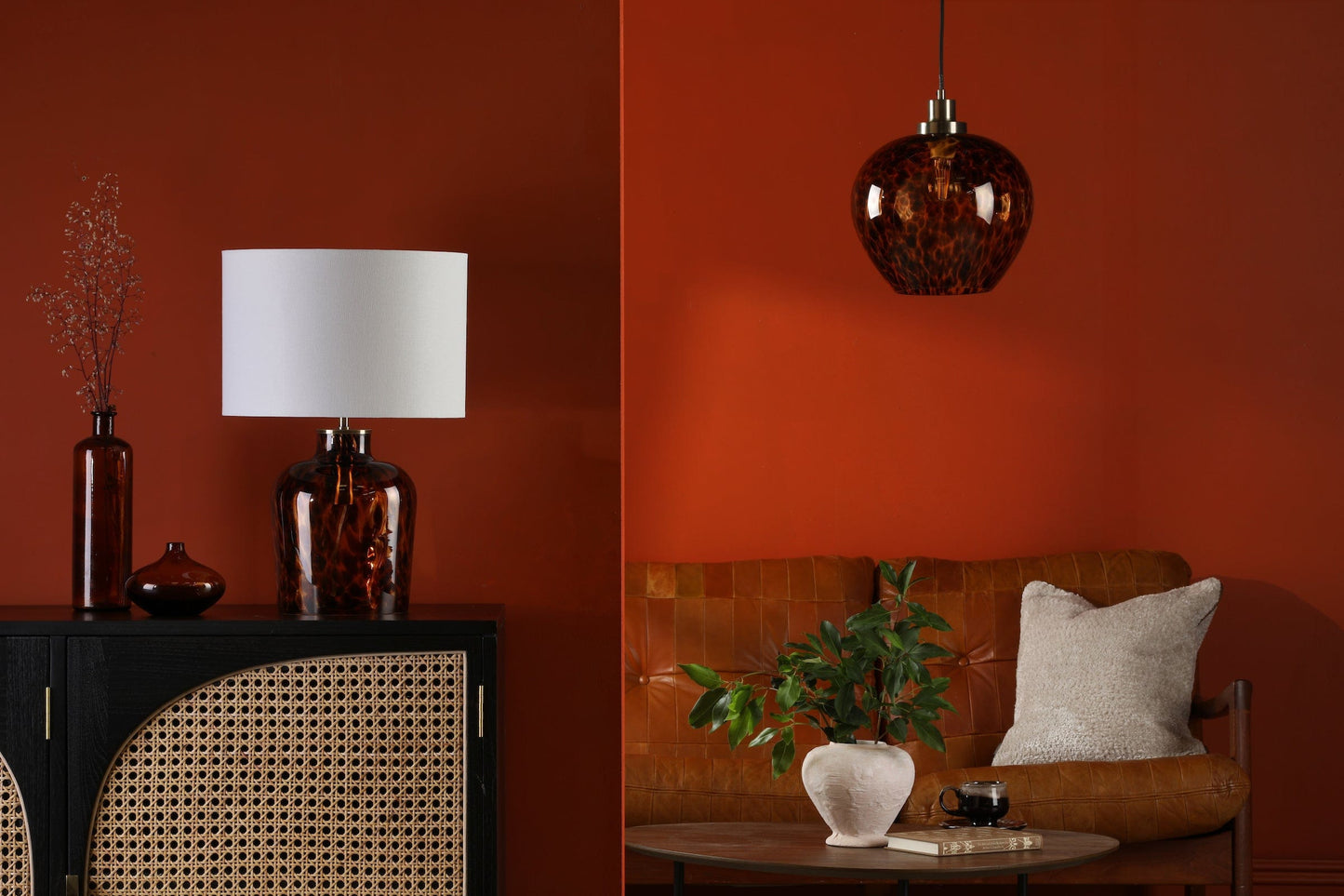 dar lighting Leandra Dual Light Table Lamp Tortoiseshell Glass With Shade LEA4206