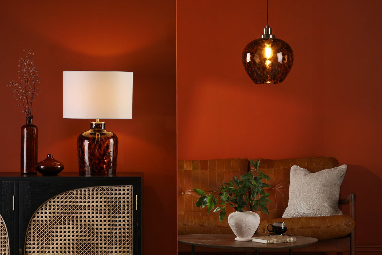 dar lighting Leandra Dual Light Table Lamp Tortoiseshell Glass With Shade LEA4206