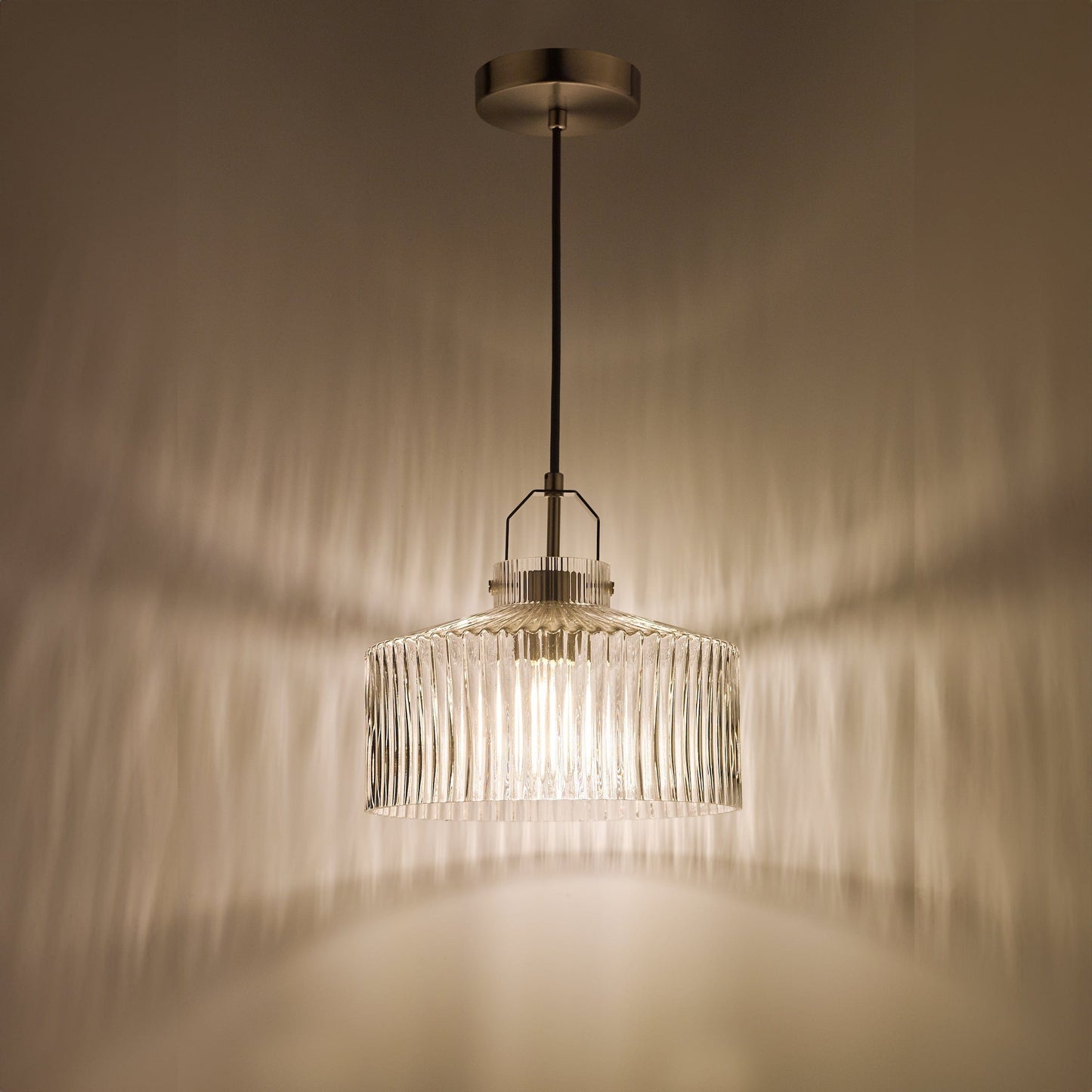 dar lighting Lenka Pendant Satin Nickel and Ribbed Glass LEN0146