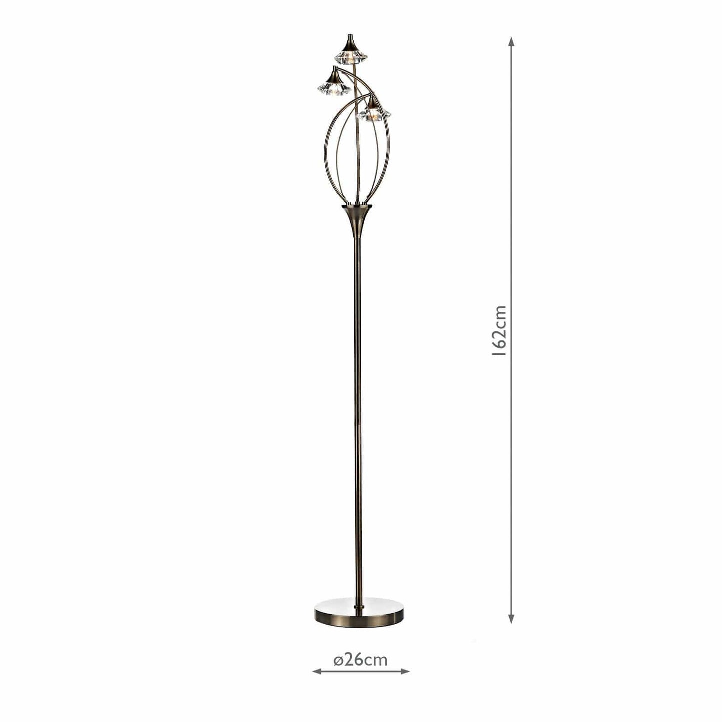 dar lighting Luther 3 Light Floor Lamp Antique Brass Crystal LUT4975