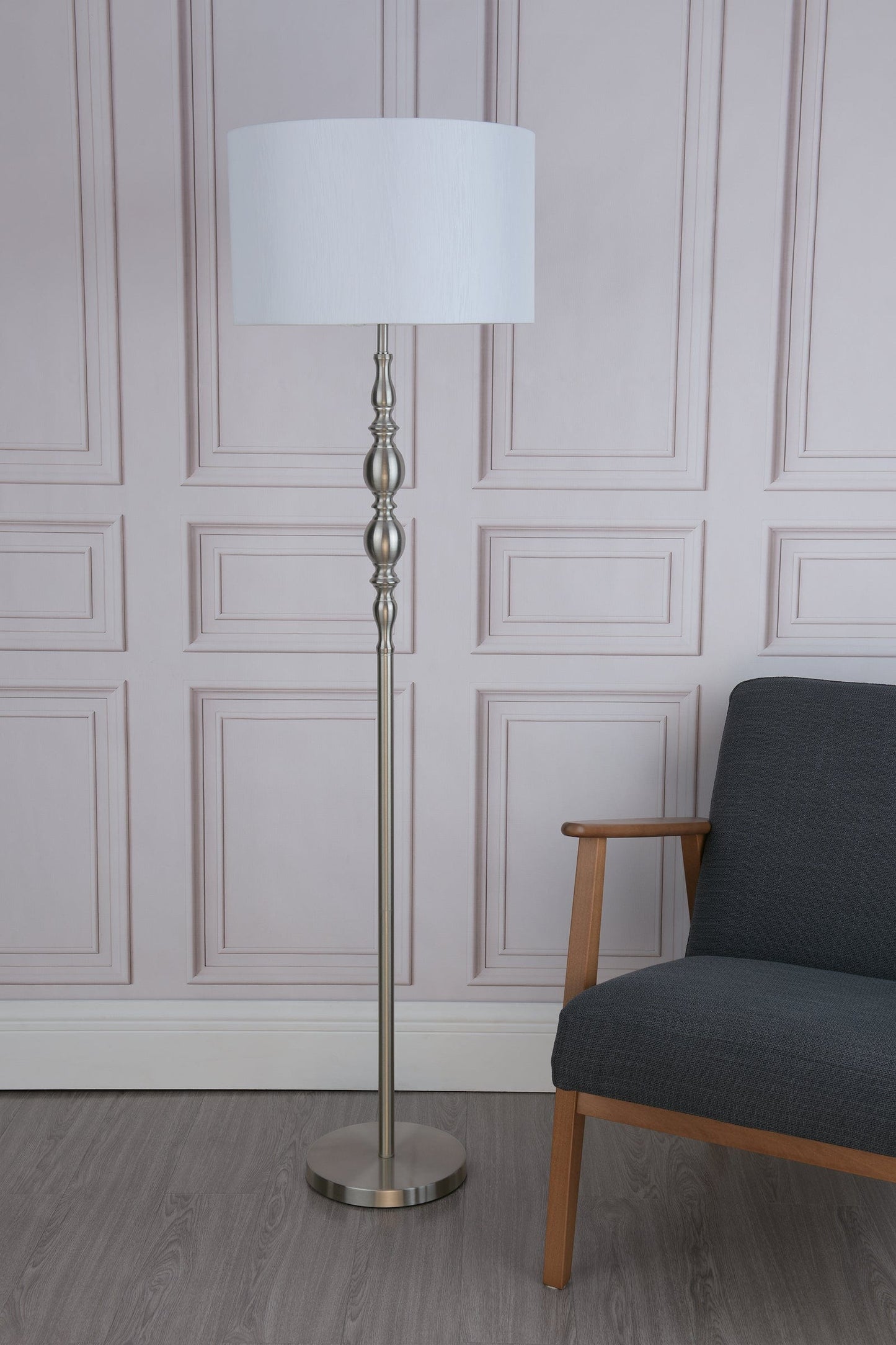 dar lighting Madrid Floor Lamp Satin Chrome With Shade MAD4946
