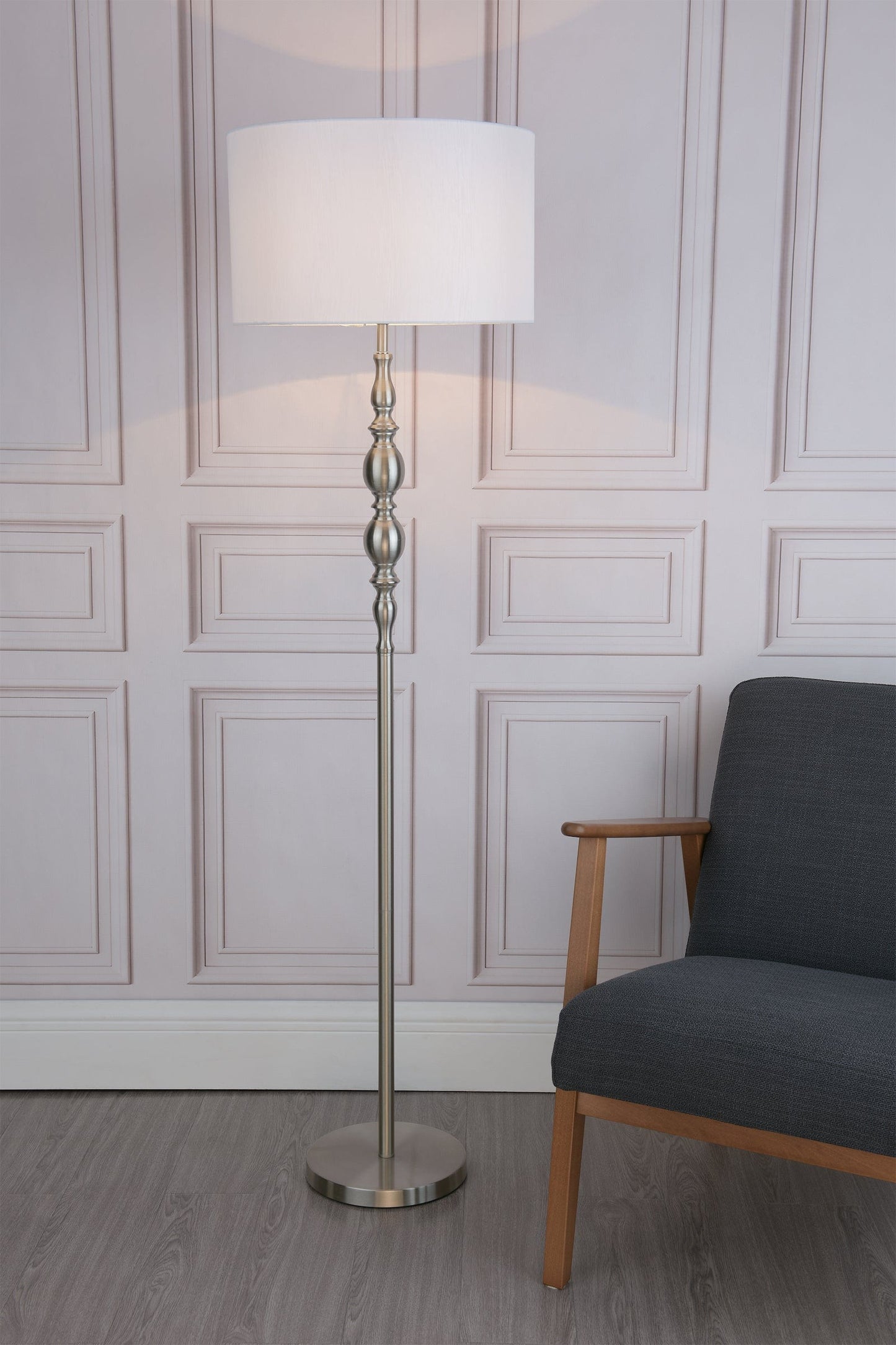 dar lighting Madrid Floor Lamp Satin Chrome With Shade MAD4946