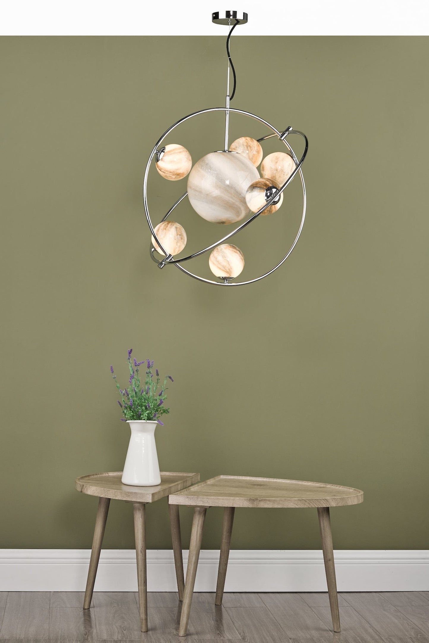 dar lighting Mikara 7 Light Pendant Polished Chrome Marble Effect Glass MIK3450