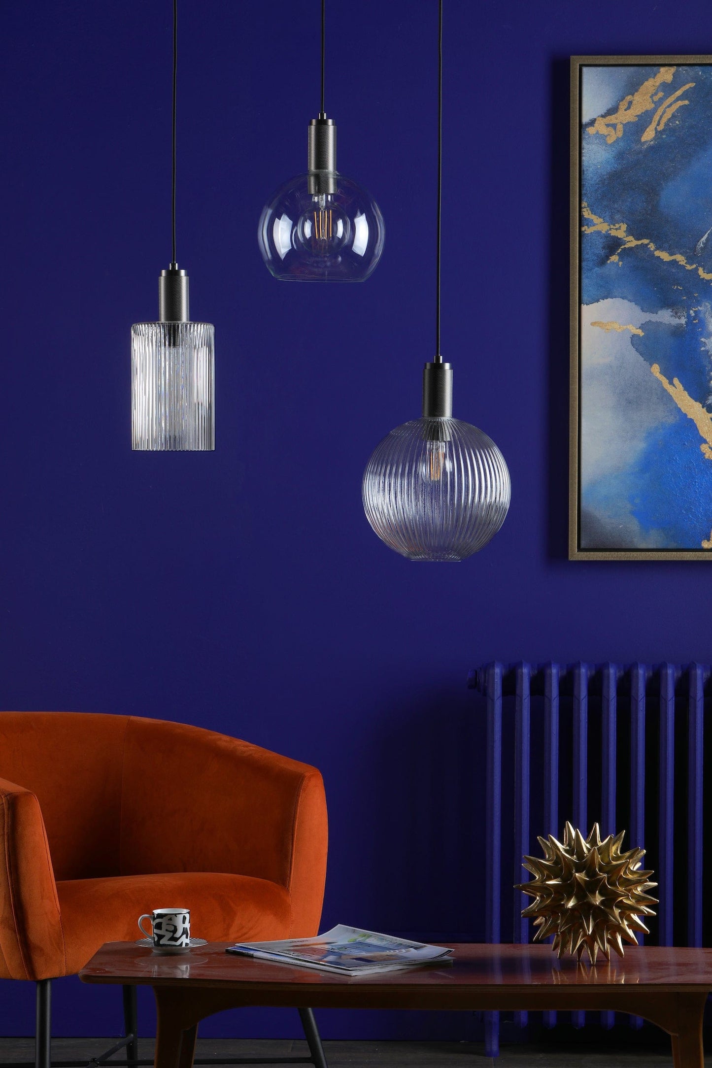 dar lighting Nikolas Pendant Antique Chrome Ribbed Cylinder Glass NIK0167-E01