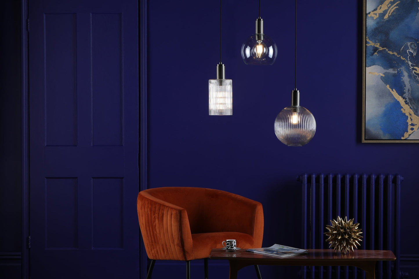 dar lighting Nikolas Pendant Antique Chrome Ribbed Cylinder Glass NIK0167-E01
