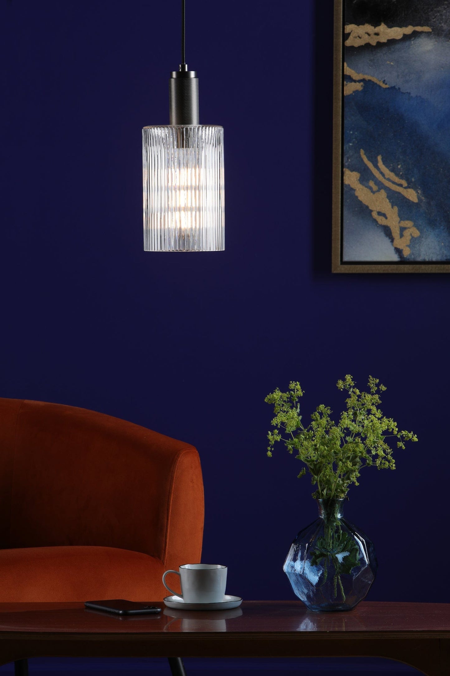 dar lighting Nikolas Pendant Antique Chrome Ribbed Cylinder Glass NIK0167-E01