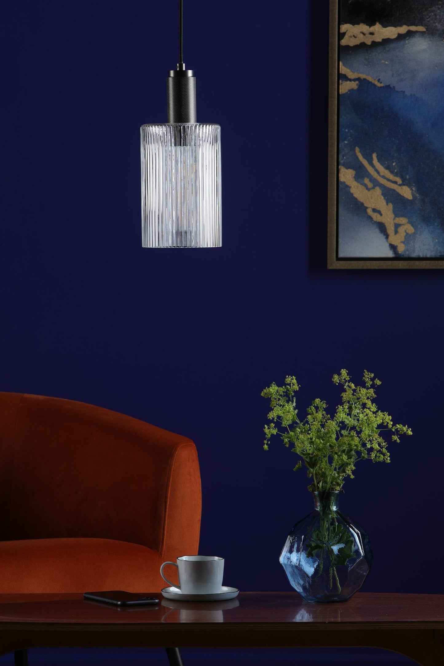 dar lighting Nikolas Pendant Antique Chrome Ribbed Cylinder Glass NIK0167-E01