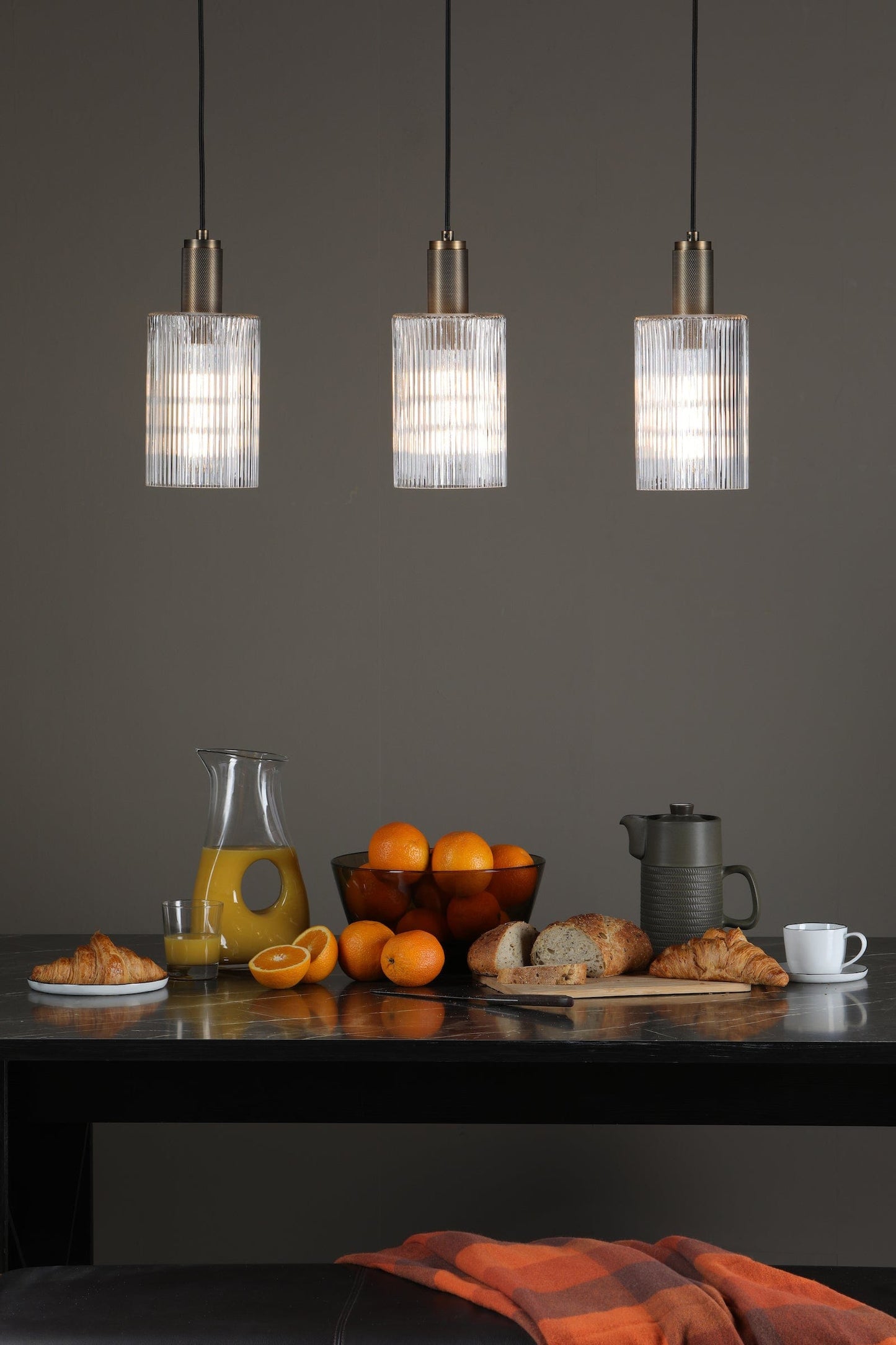 dar lighting Nikolas Pendant Natural Solid Brass Ribbed Cylinder Glass NIK0140-E01