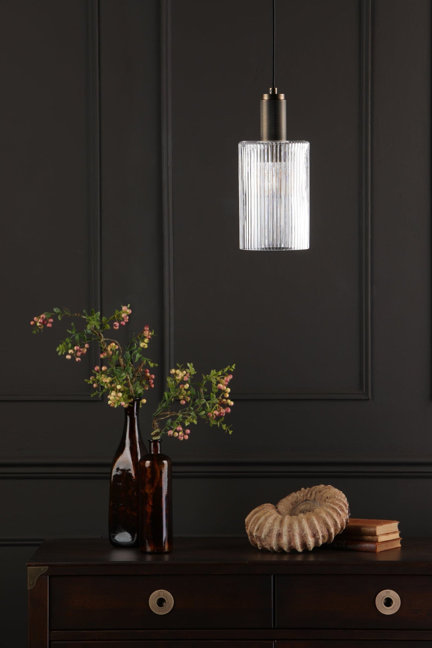 dar lighting Nikolas Pendant Natural Solid Brass Ribbed Cylinder Glass NIK0140-E01