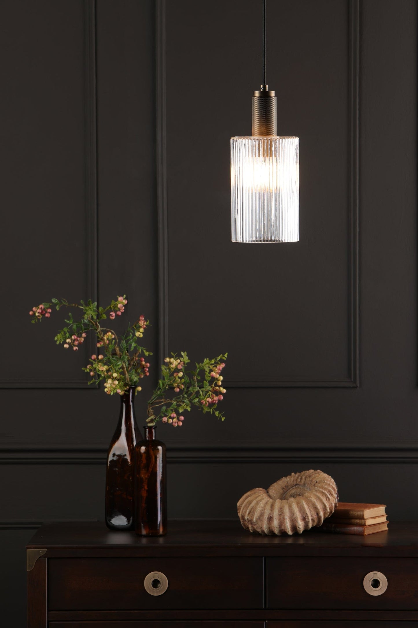 dar lighting Nikolas Pendant Natural Solid Brass Ribbed Cylinder Glass NIK0140-E01