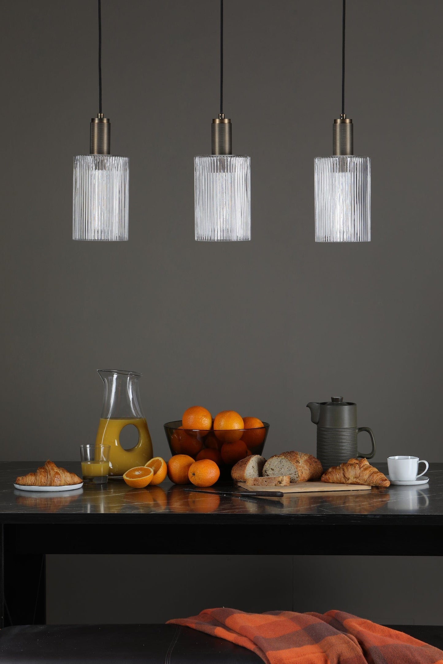 dar lighting Nikolas Pendant Natural Solid Brass Ribbed Cylinder Glass NIK0140-E01
