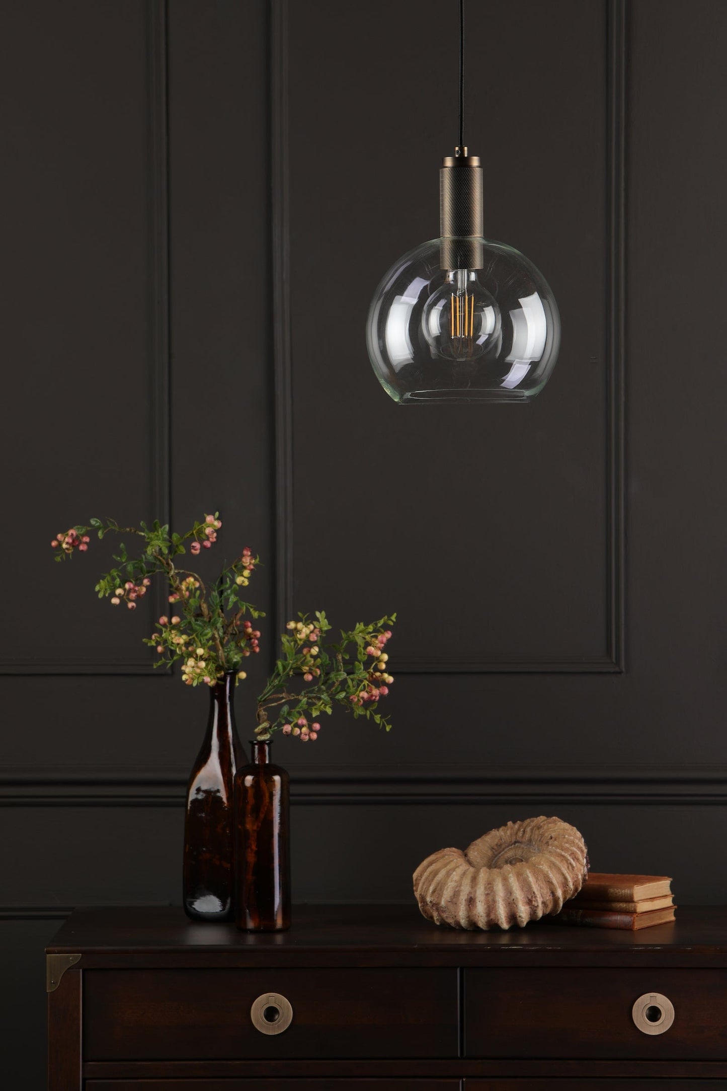 dar lighting Nikolas Pendant Natural Solid Brass Round Clear Glass NIK0140-E03