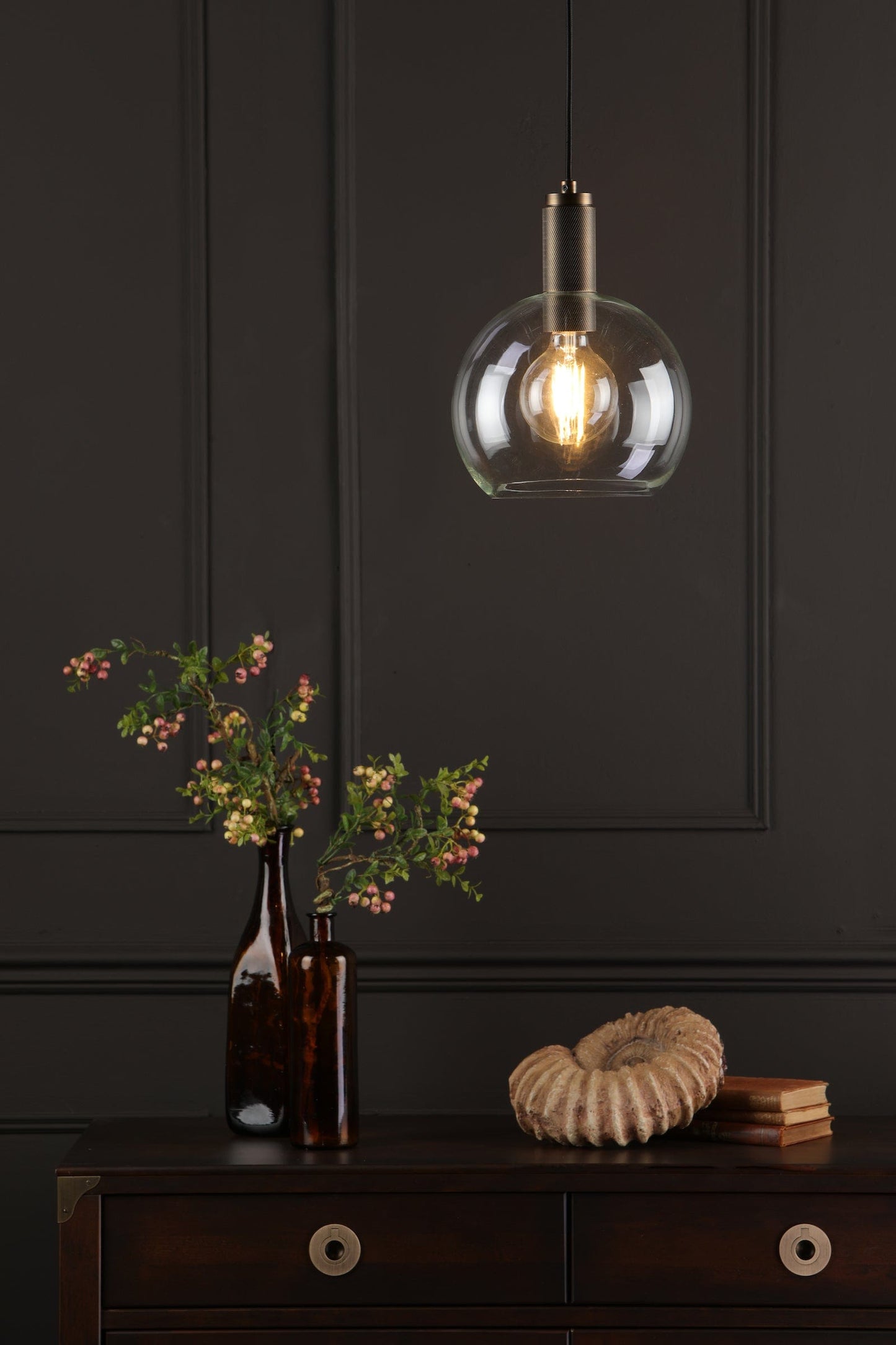 dar lighting Nikolas Pendant Natural Solid Brass Round Clear Glass NIK0140-E03