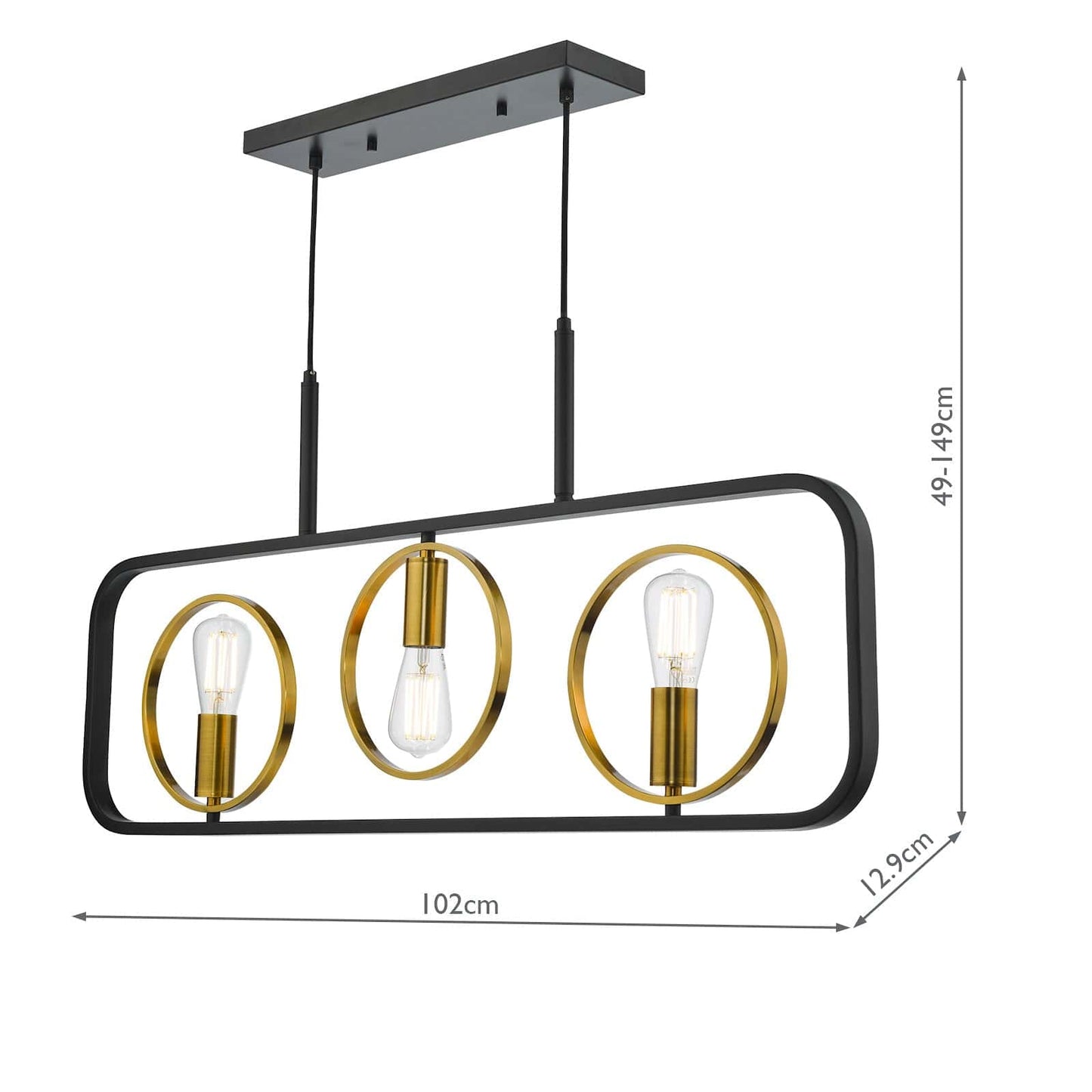 dar lighting Ryota 3 Light Bar Pendant Satin Black Antique Gold RYO0354