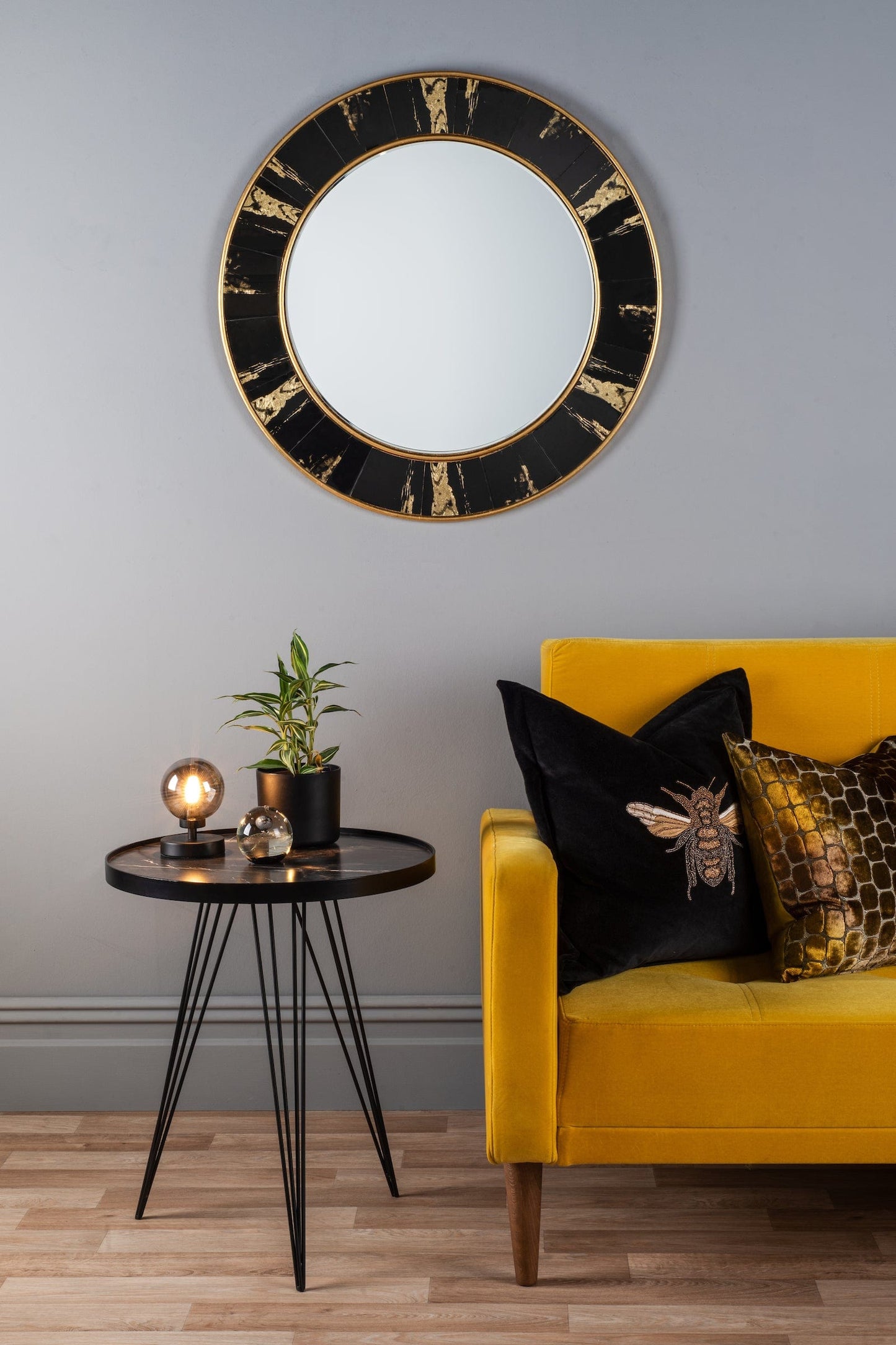 dar lighting Sidone Round Mirror With Black/Gold Foil Detail 80cm 002SID80