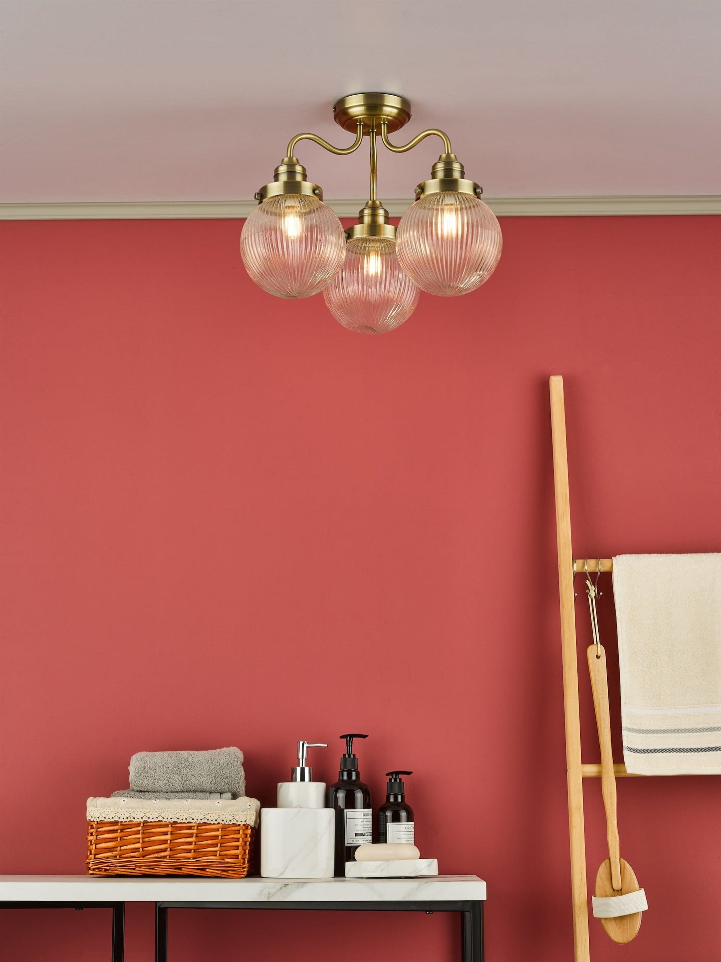 dar lighting Tamara 3 Light Bathroom Semi Flush Antique Brass Ribbed Glass IP44 TAM5375-IP44