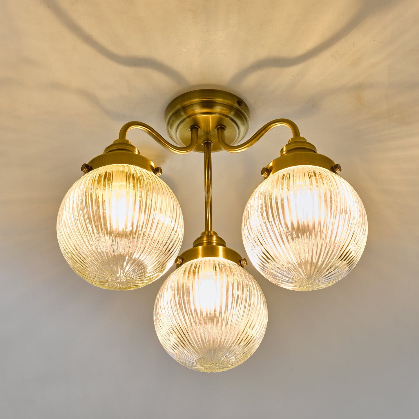dar lighting Tamara 3 Light Bathroom Semi Flush Antique Brass Ribbed Glass IP44 TAM5375-IP44