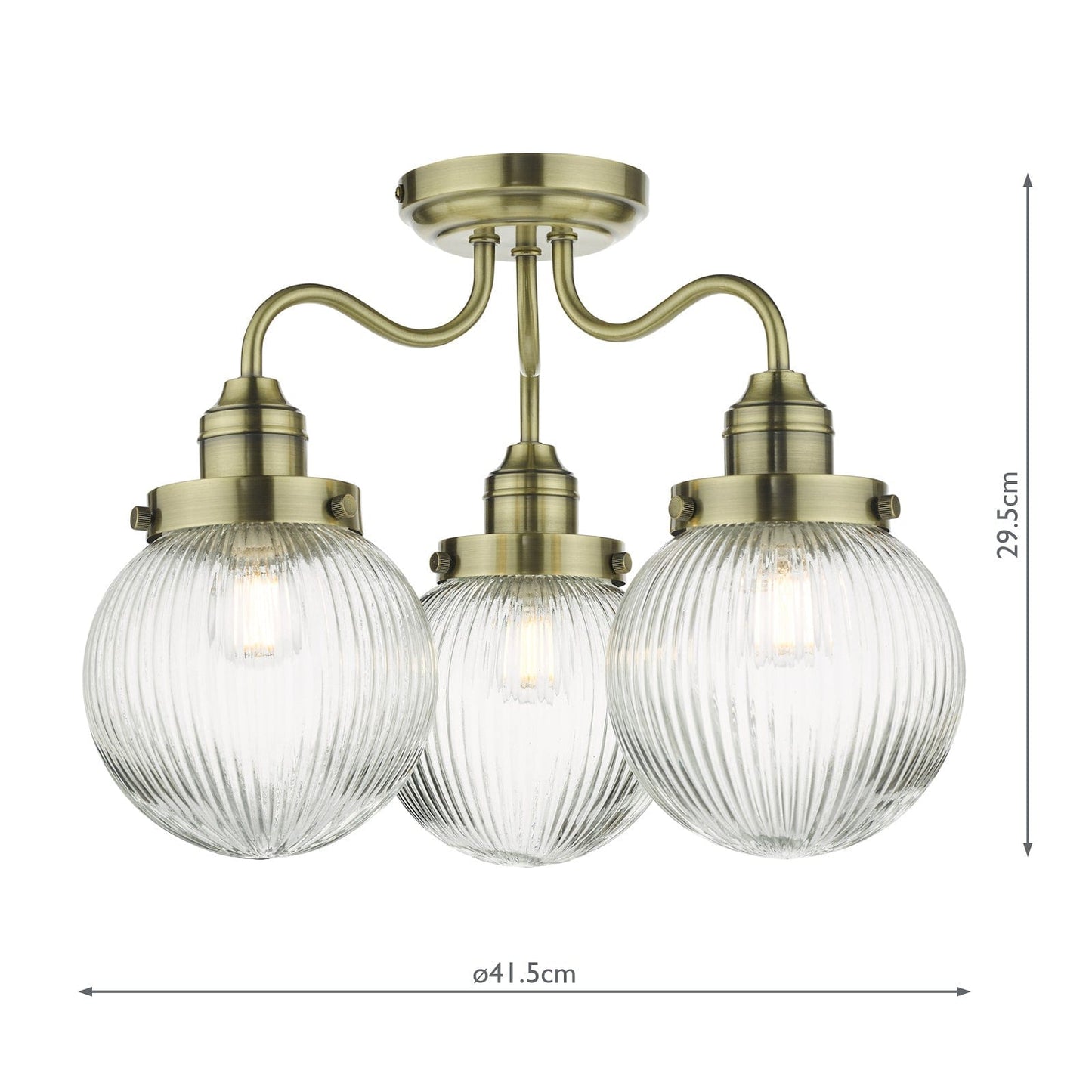 dar lighting Tamara 3 Light Bathroom Semi Flush Antique Brass Ribbed Glass IP44 TAM5375-IP44