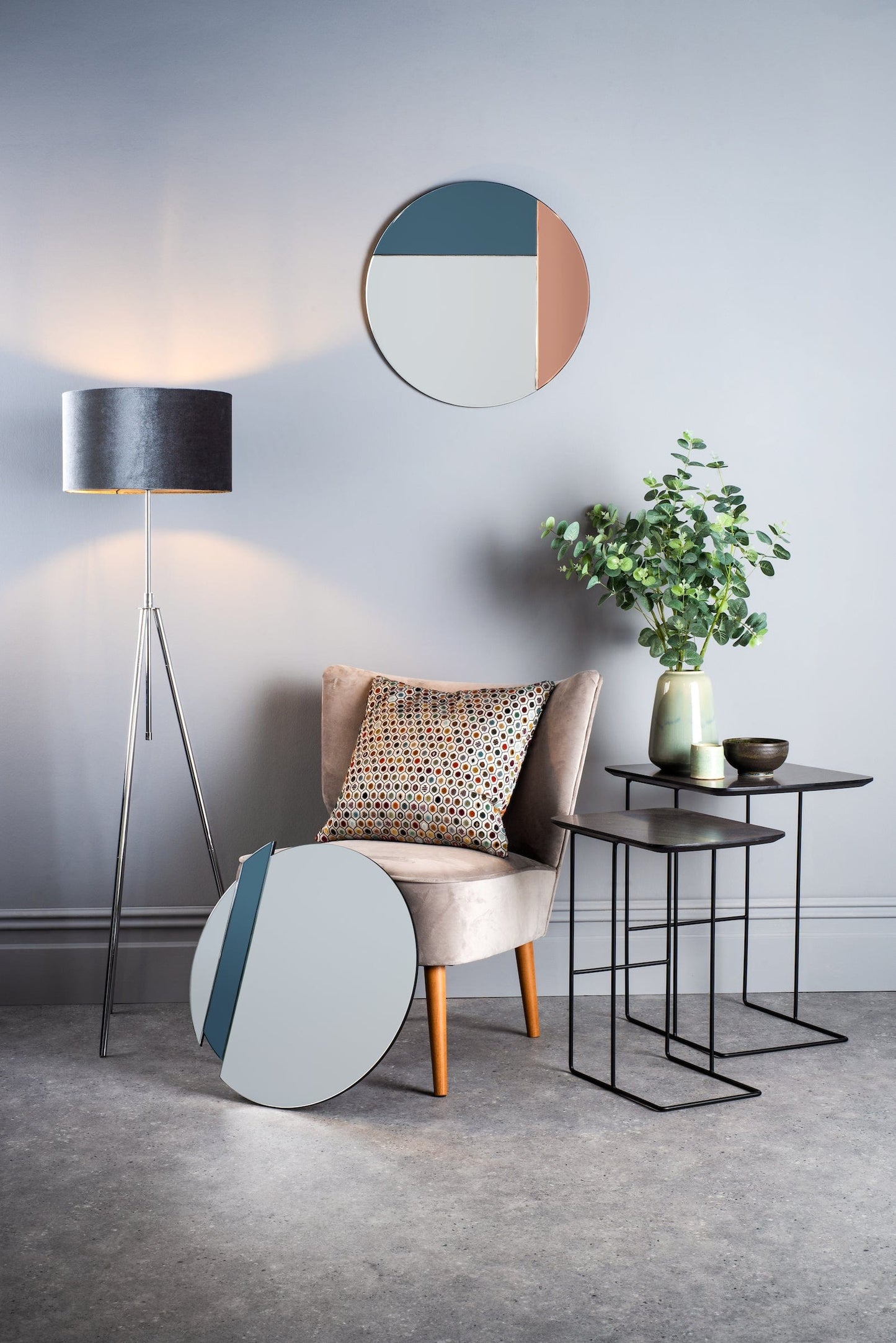 dar lighting Thalia Round Blue And Rose Gold Mirror 50cm 002THA50