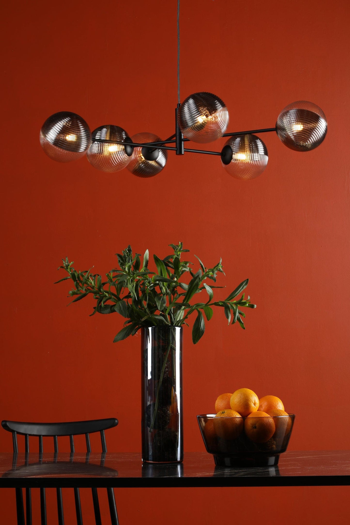 dar lighting Vignette 6 Light Pendant Matt Black & Smoked/Clear Ribbed Glass VIG0622-19