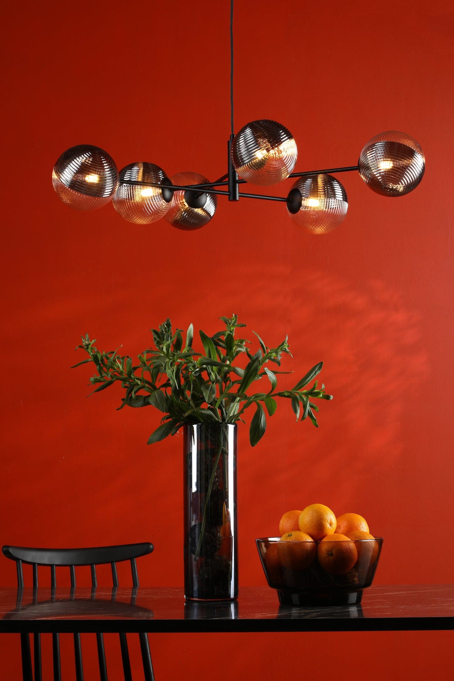 dar lighting Vignette 6 Light Pendant Matt Black & Smoked/Clear Ribbed Glass VIG0622-19