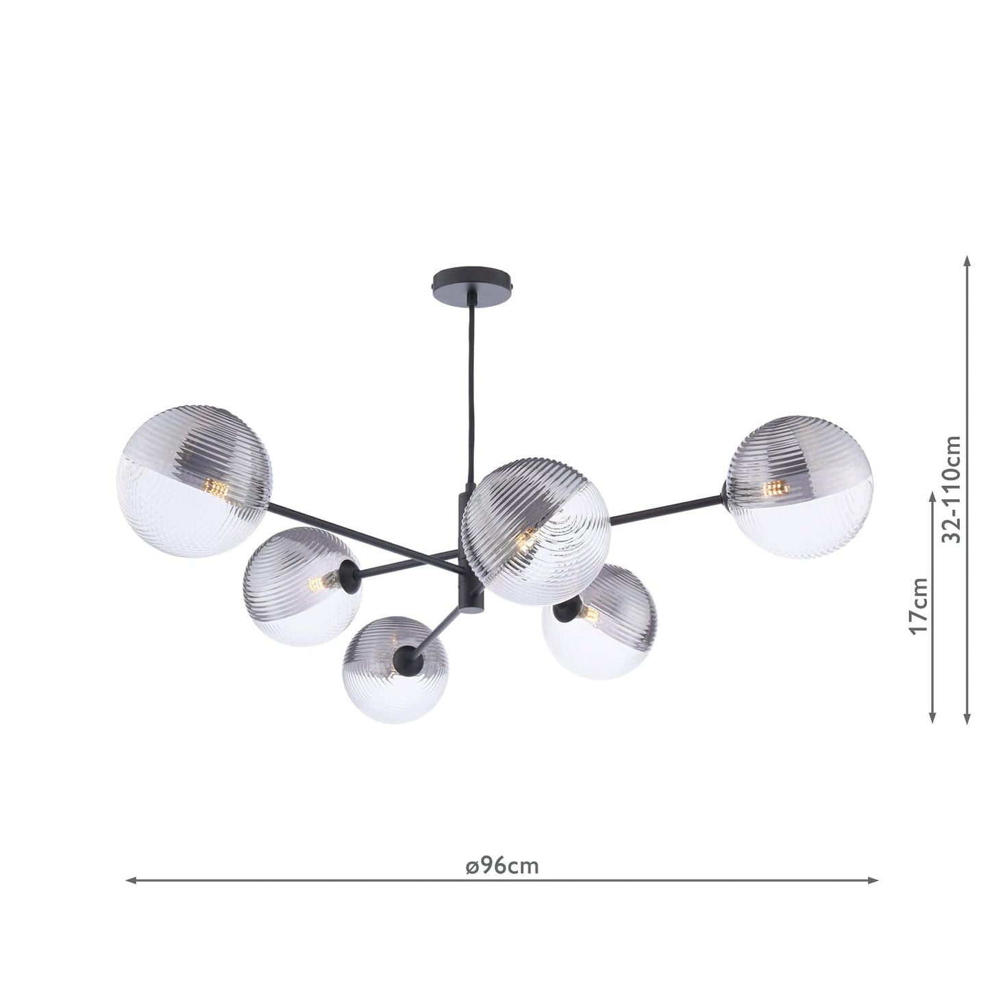 dar lighting Vignette 6 Light Pendant Matt Black & Smoked/Clear Ribbed Glass VIG0622-19